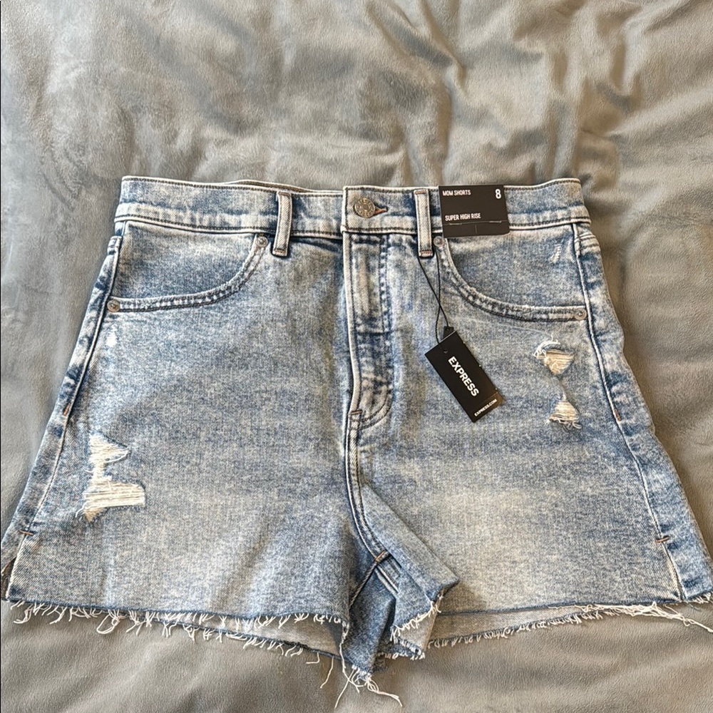 Express Denim Distressed High Rise Mom Shorts